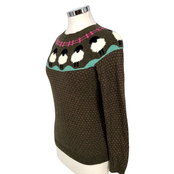 Talbots Sheep Yoke Raglan Crewneck Pullover Green Pink Size Small Petite - Picture 5 of 11